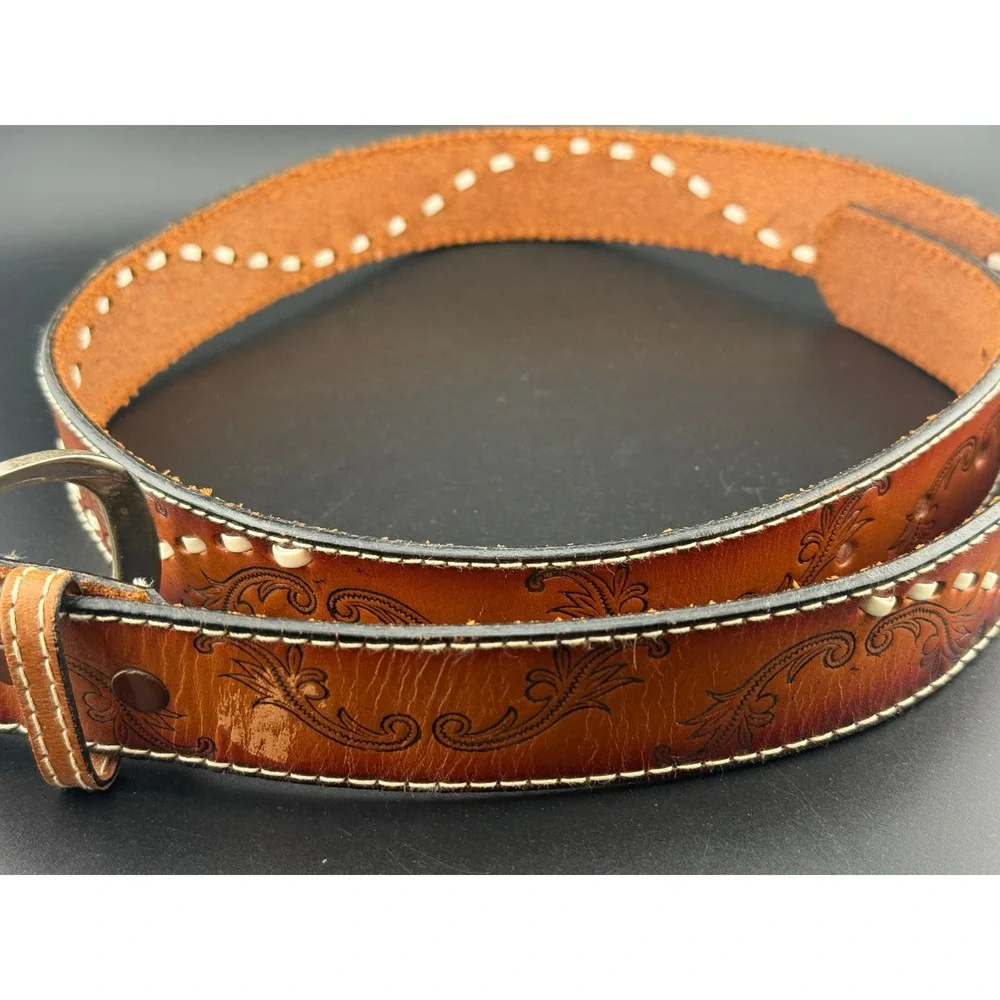 Vintage Mens Brown Tooled Leather Western Belt Floral Whipstitch Size 38 2224